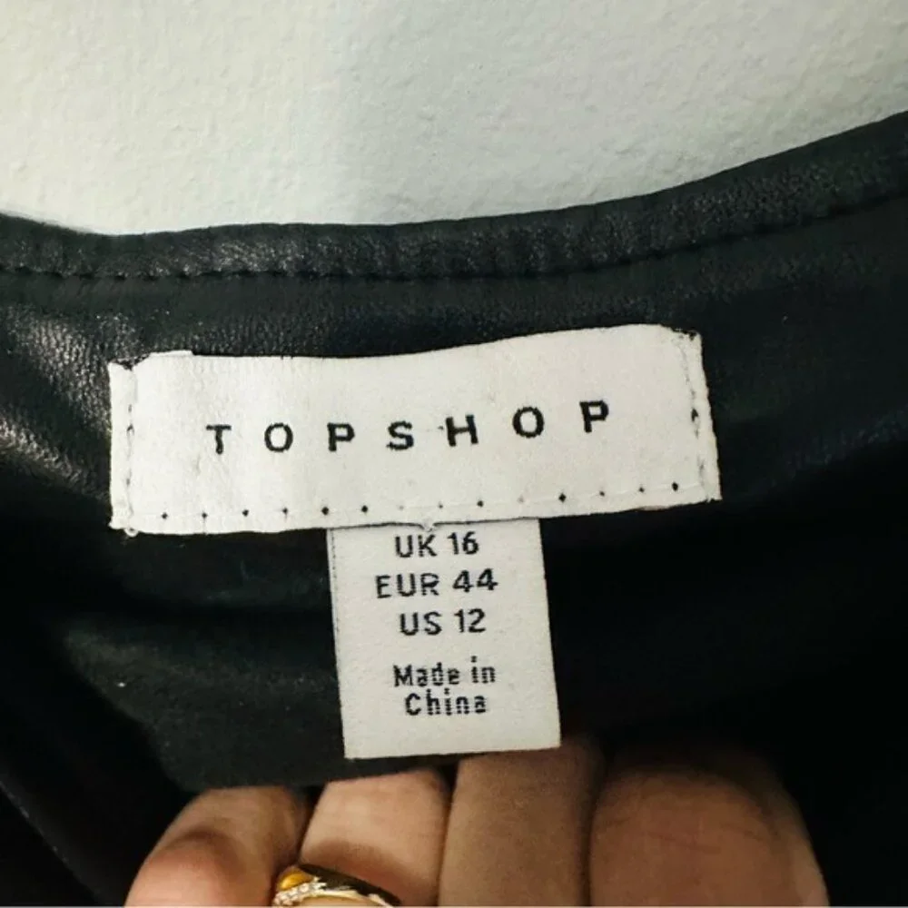 Topshop Faux Leather Ruched Mini Dress Black Puff Sleeve Y2K Baddie US 12 - Picture 9 of 12